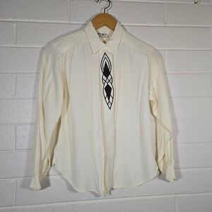 Vtg Sequin Pearl Embellished Blouse Top Ivory Black Contrast NYE Button Down M/L